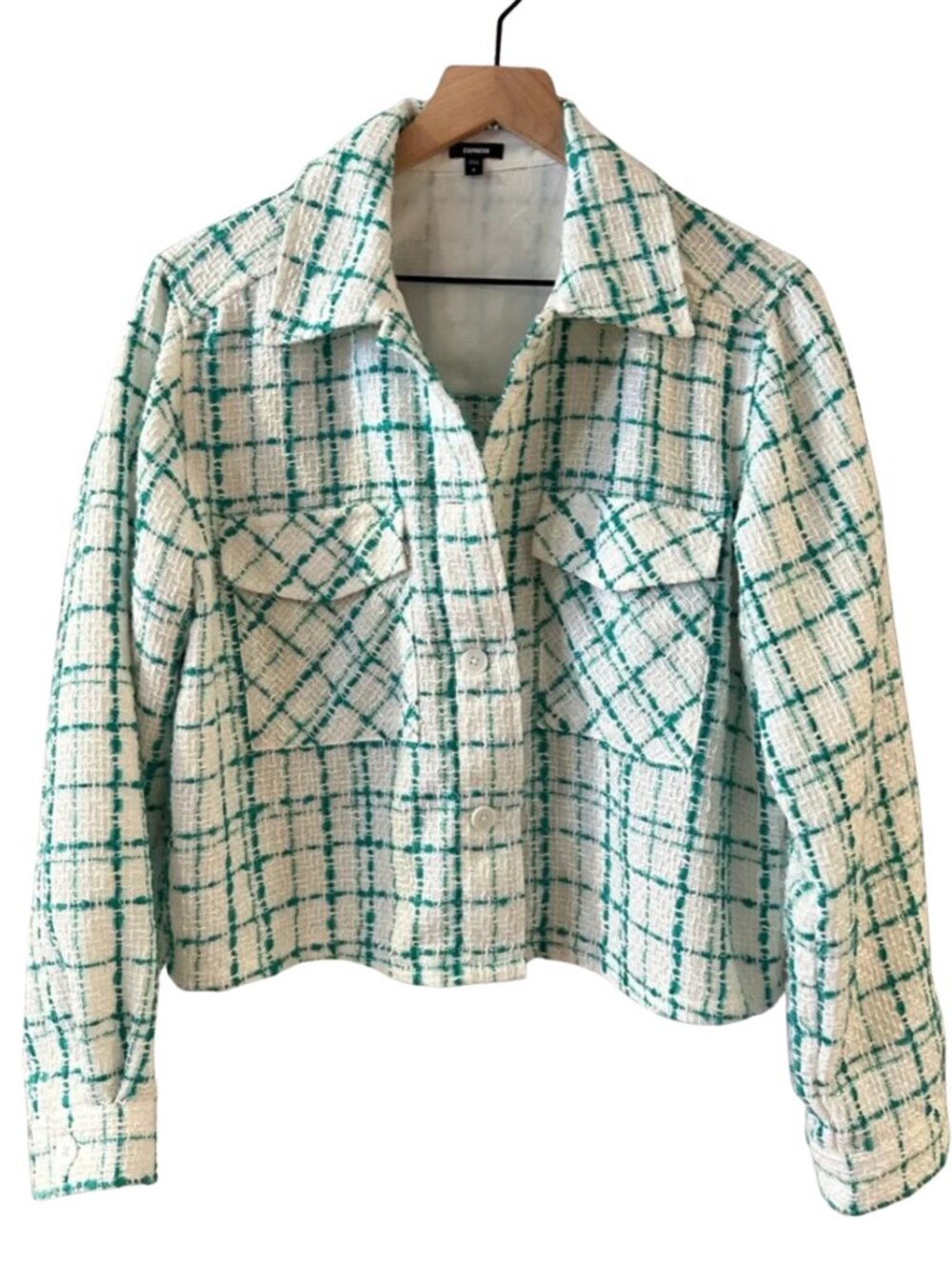 Express Cropped Tweed Jacket in Metallic White and Green